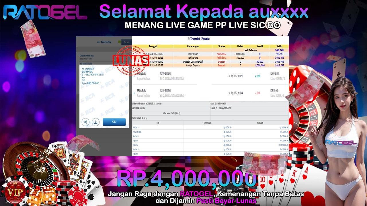 BUKTI JACKPOT LIVE GAME PP LIVE SIC BO TERPERCAYA DI INDONESIA TGL 31-05-2025
