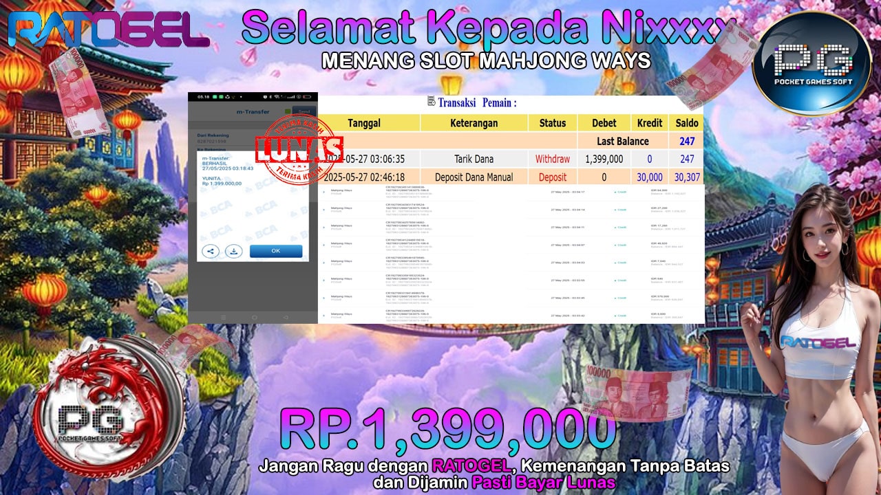 BUKTI JACKPOT SLOT MAHJONG WAYS TERPERCAYA DI INDONESIA TGL 27-05-2025