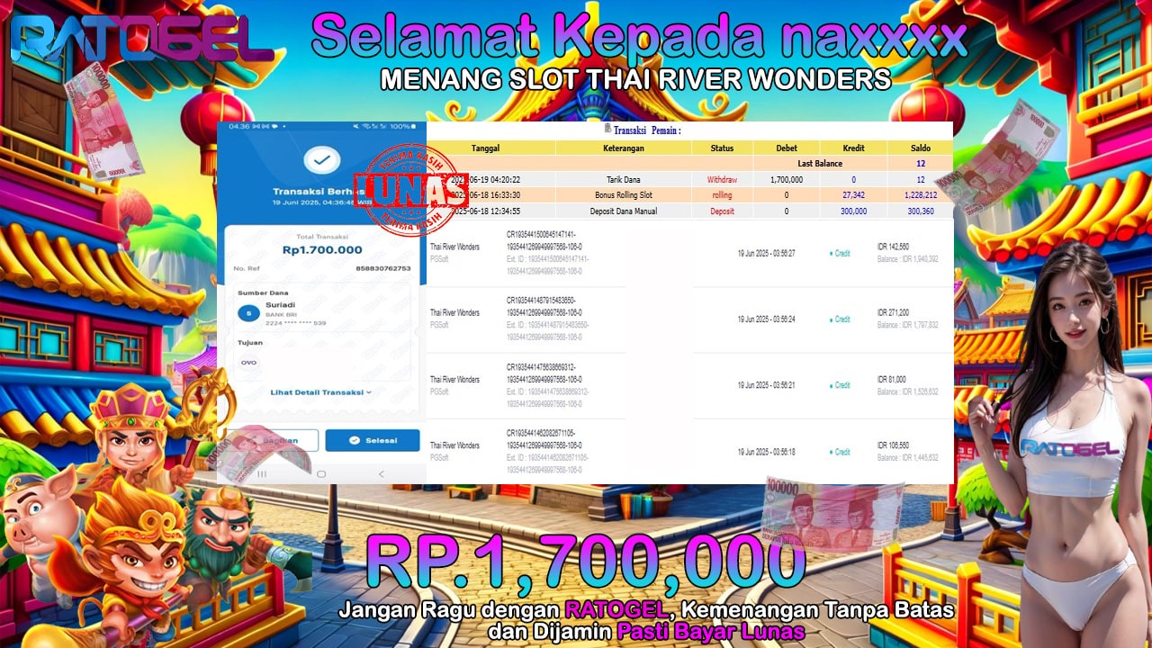 BUKTI JACKPOT SLOT THAI RIVER WONDERS TERPERCAYA DI INDONESIA TGL 19-06-2025