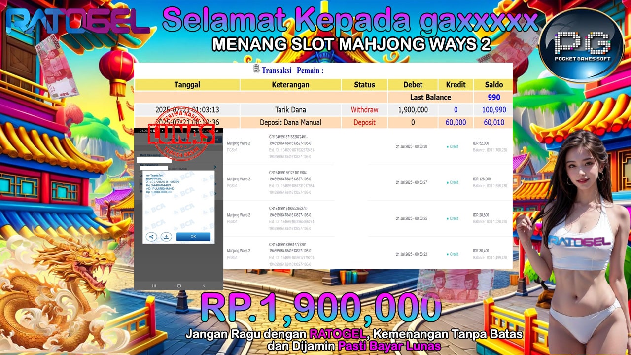 BUKTI JACKPOT SLOT MAHJONG WAYS 2 TERPERCAYA DI INDONESIA TGL 21-07-2025