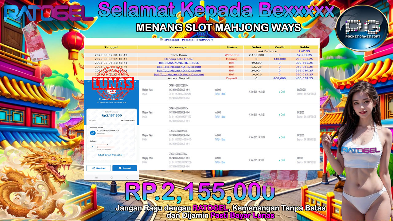 BUKTI JACKPOT SLOT MAHJONG WAYS TERPERCAYA DI INDONESIA TGL 07-08-2025