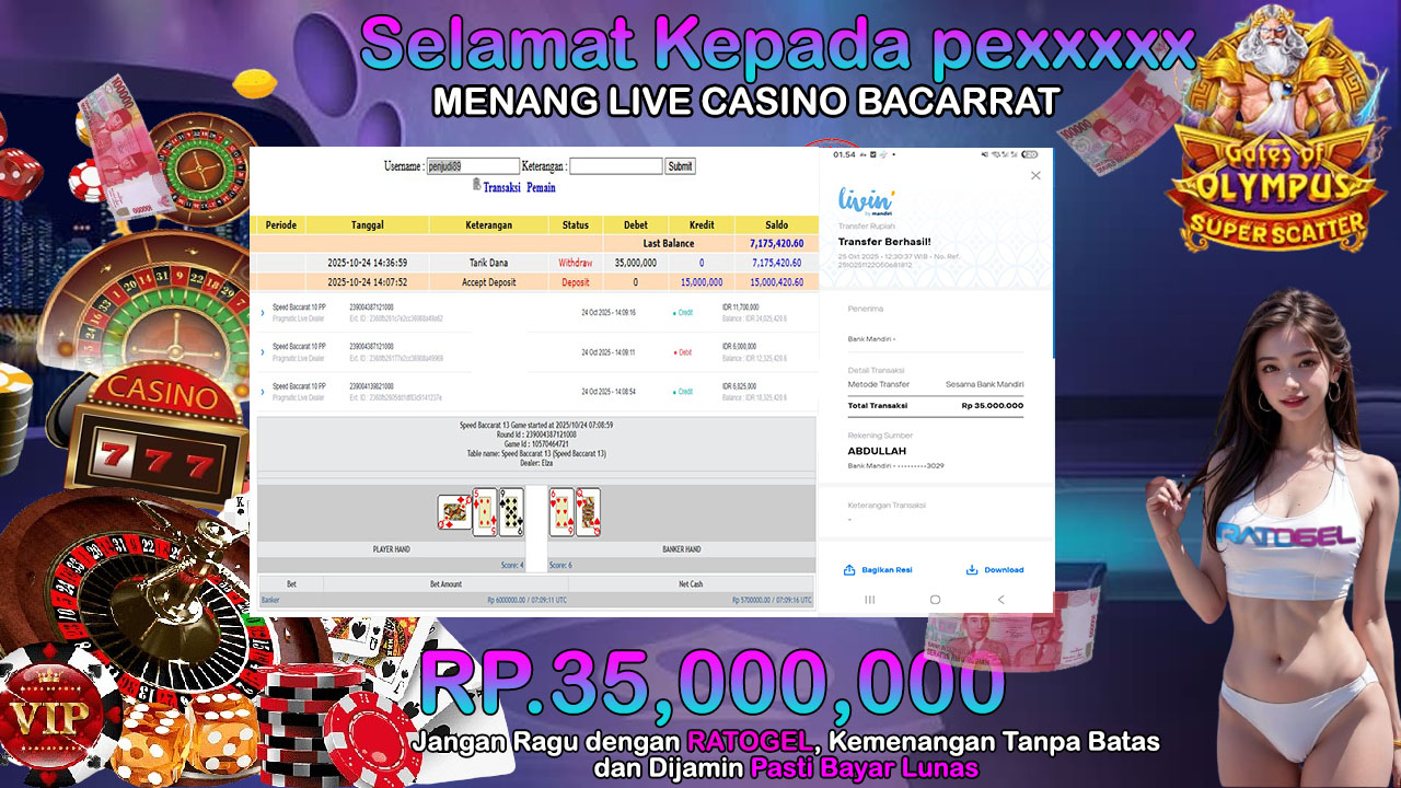 BUKTI JACKPOT LIVE CASINO BACARRAT  TERPERCAYA DI INDONESIA TGL 25-10-2025