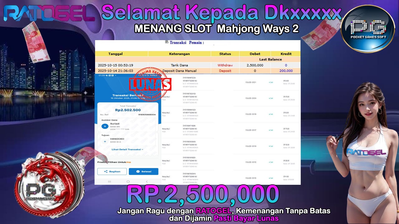 BUKTI JACKPOT SLOT PG SOFT MAHJONG WAYS 2 TERPERCAYA DI INDONESIA TGL 15-10-2025