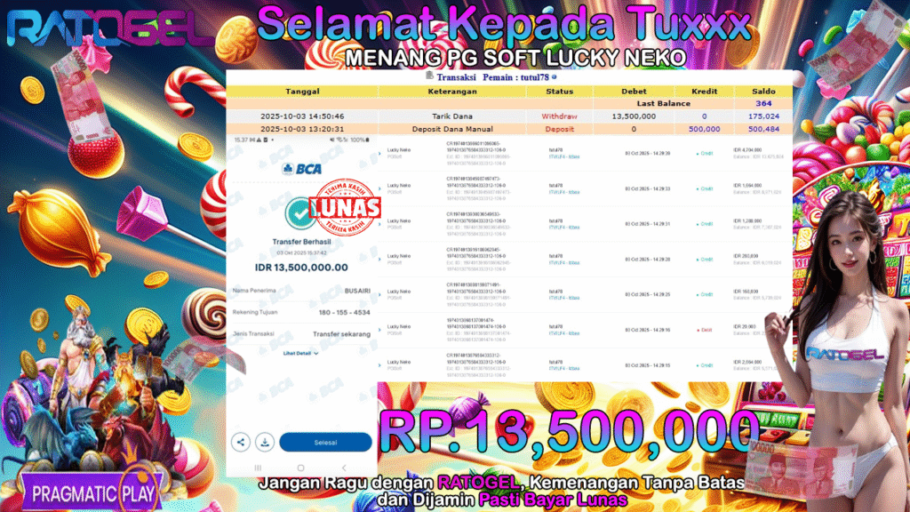 BUKTI JACKPOT SLOT PG SOFT LUCKY NECKO TERPERCAYA DI INDONESIA TGL 03-10-2025